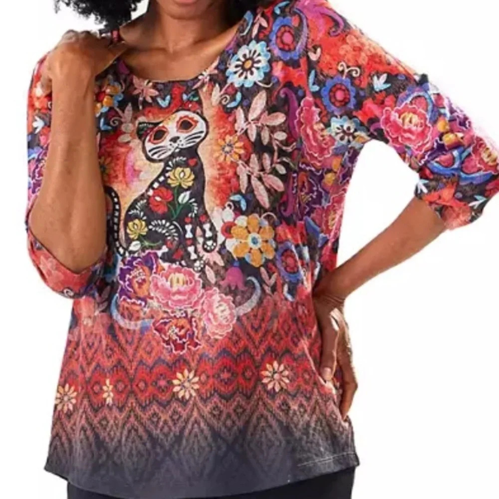 Women's Orange Blue Day of the Dead Cat 3/4 Sleeve Blouse. Size Large.